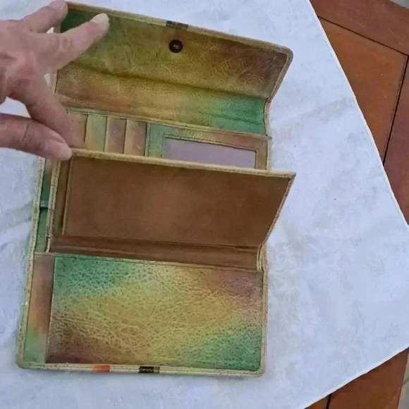 Wallet  CHECKBOOK GOLD ABSTRACT LEATHER  HAND PAINTED MV BOTARI - Picture 5 of 9